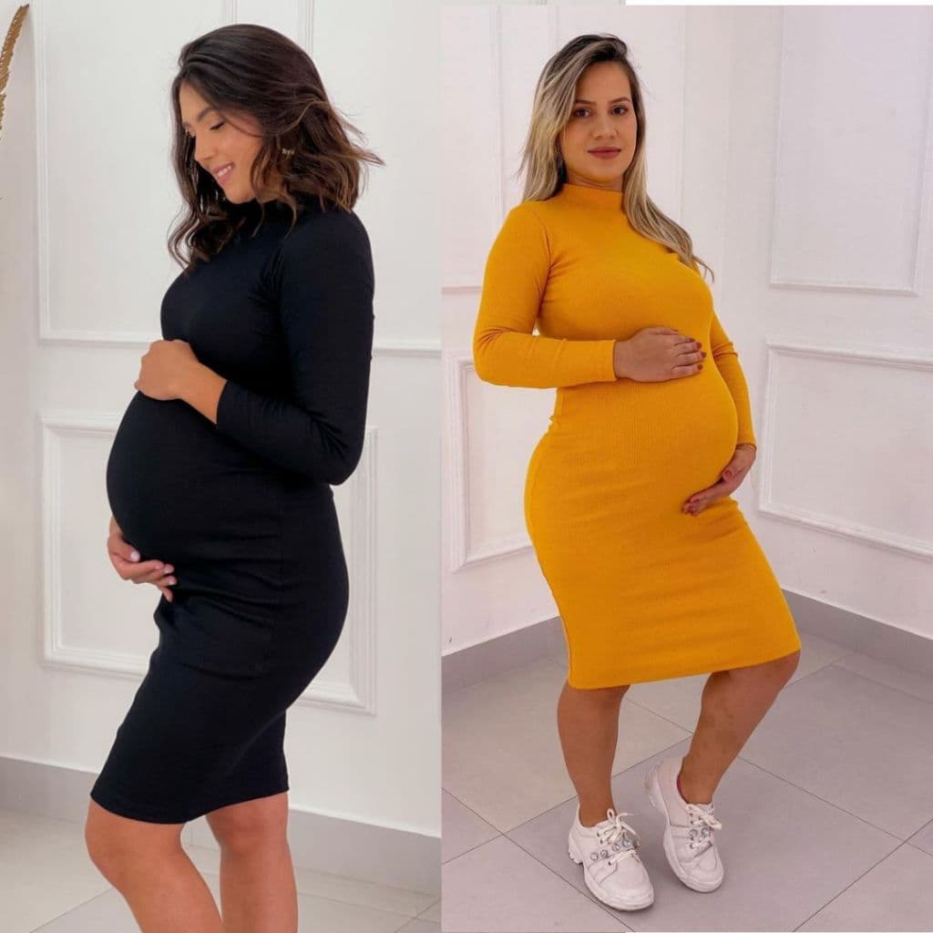 Vestido Ribana para Grávida Gola Alta Manga Longa