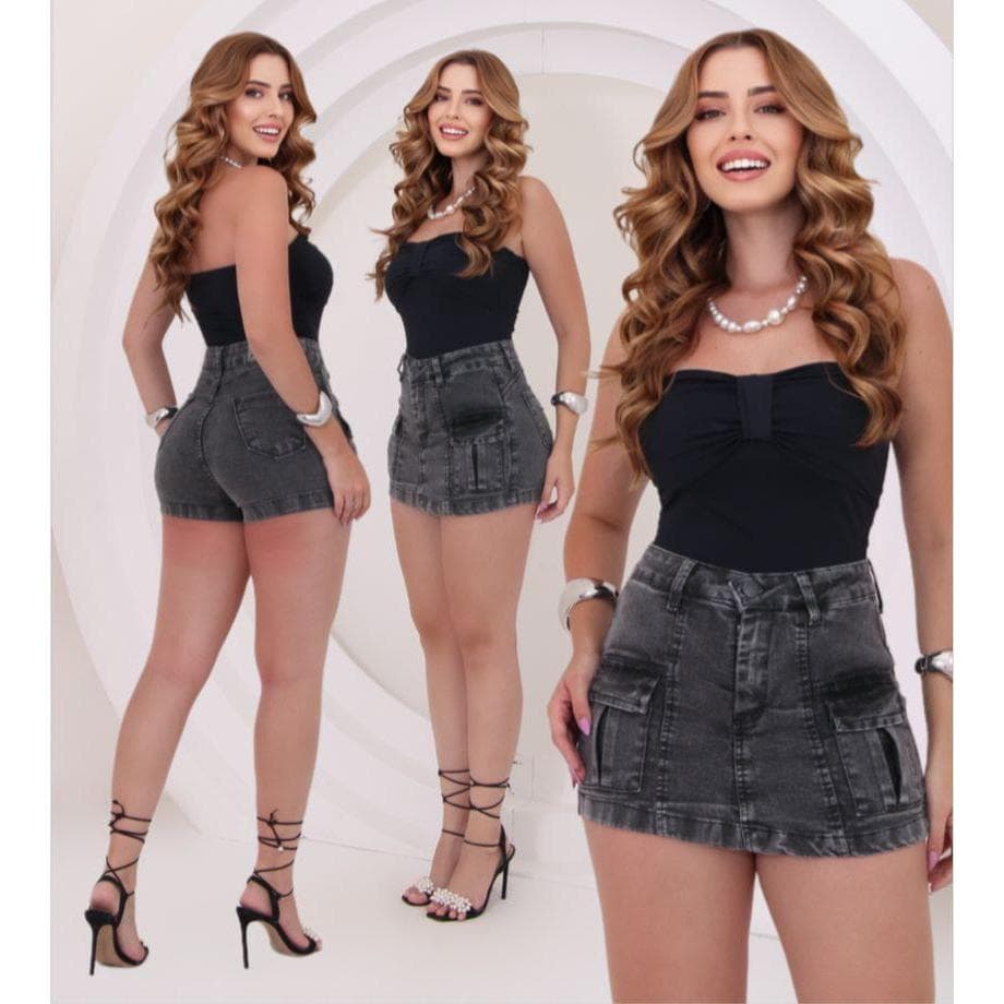Short Saia Jeans Cargo Feminina Cintura Alta Levanta Bumbum Com Lycra