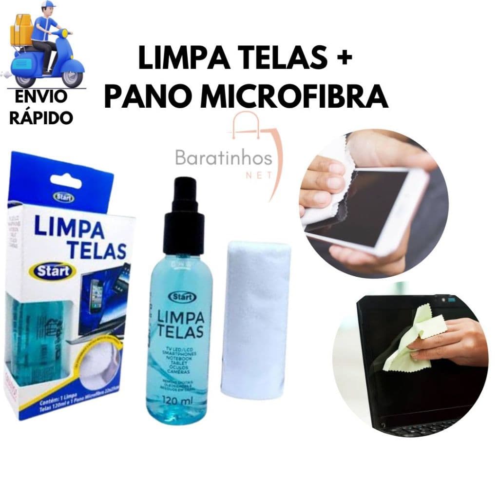 Limpa Telas Celular Tablet + Pano Microfibra Remove Sujeiras Oleosidade Digitais Resíduos Em Geral