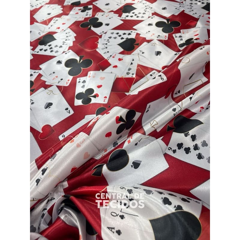 Cetim Estampado Digital Naipes e Cartas Vermelhas