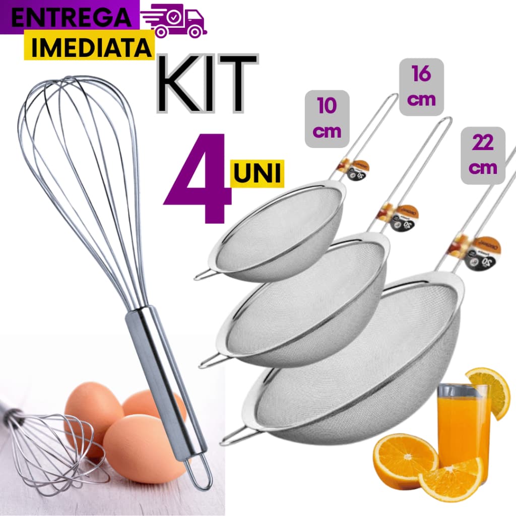 Kit 4 Batedor de ovos Fouet Peneira Coador Manual  Aço Inox Para Cozinha 10cm 16cm 22cm