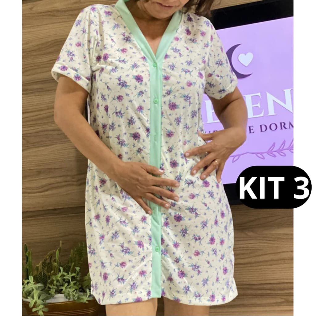 Kit 3 Camisolas de Botões para Senhora – Manguinha – Recuperação Pós-Cirúrgica