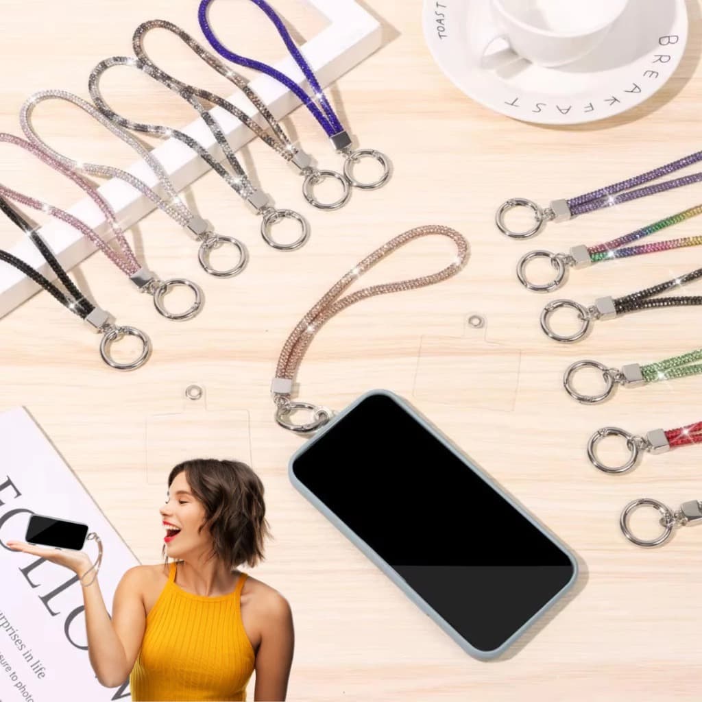 Cordão Carnaval Strass Glitter Corrente Pulso Smartphone Universal Brilhante Anti Furto Anti Perda