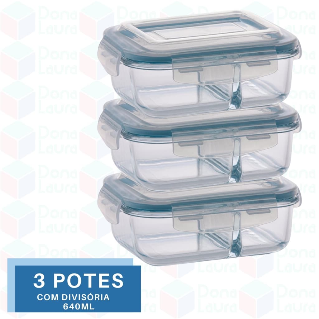 Jogo 3 Potes 640ml Divisória Hermético Marmita Microondas