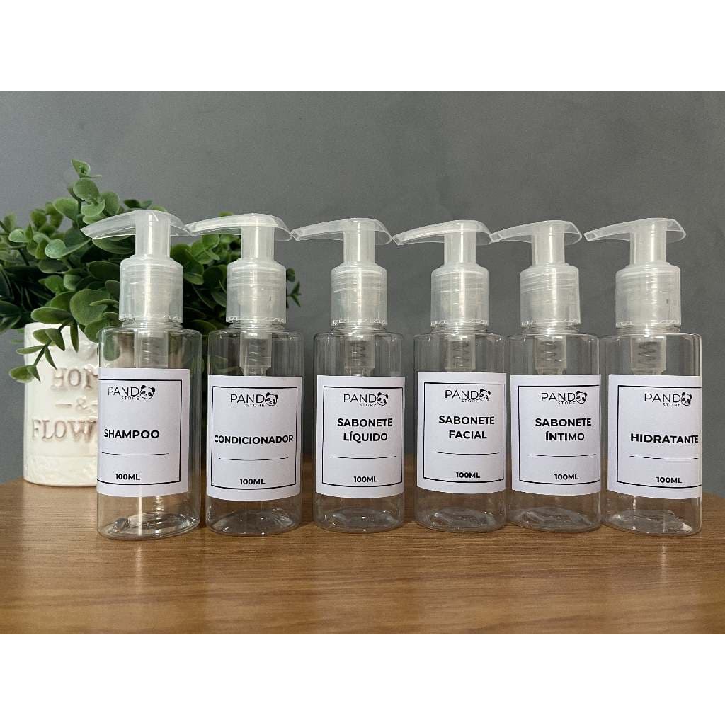 Kit viagem 05 Frascos Cristal 100ml - Shampoo, Cond., Sab. líquido, Sab. facial e Sab. íntimo