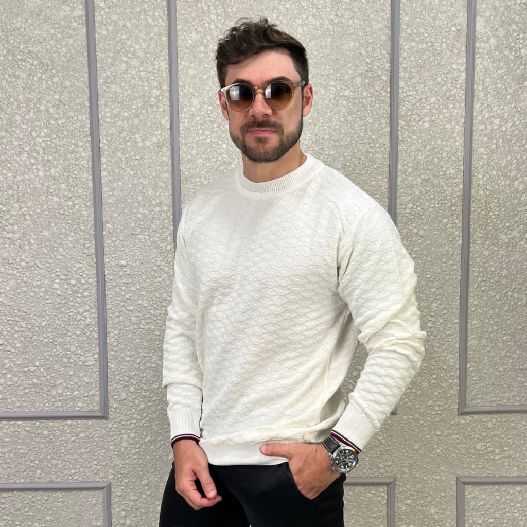 Suéter Masculino Tricô Gola Redonda Texturizado Manga Longa Premium Inverno