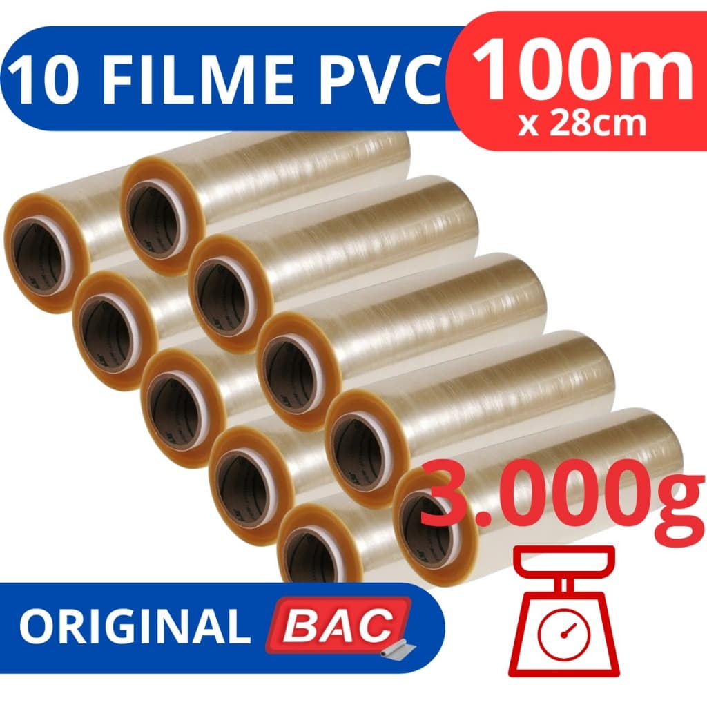 Kit 10 Rolo Bobina Plastico De Filme Pvc 28cm X 100 Metros Original BAC