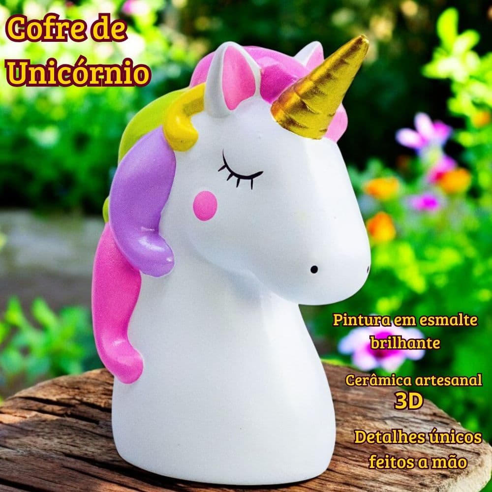 Cofre Unicórnio Cofrinho Infantil Decorativo Cerâmica Presente Fofo Porta Notas e Moedas