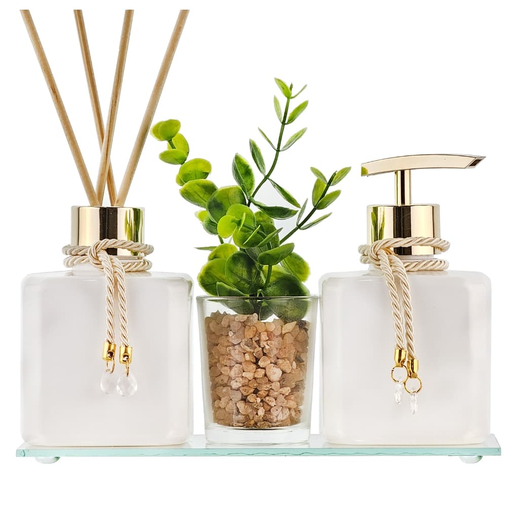 Kit Aromatizador Banheiro Dourado 250ml Bandeja Enfeite Vaso Decorativo Presente Casamento