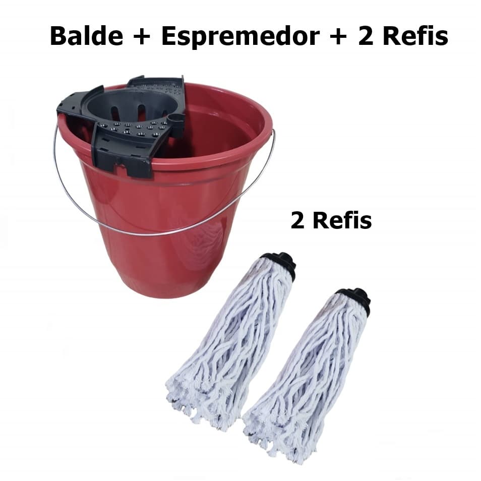 Kit 2 Refis Mop Esfregao Algodao + BALDE 13 Litros Especial Limpeza + Espremedor - O MAIS VENDIDO