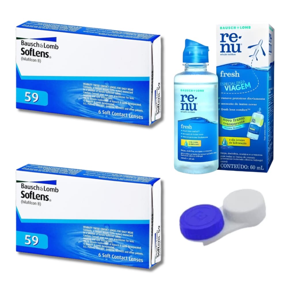 2 Caixas Lente De Contato Soflens 59 Incolor Bausch + estojo + Renu60ml