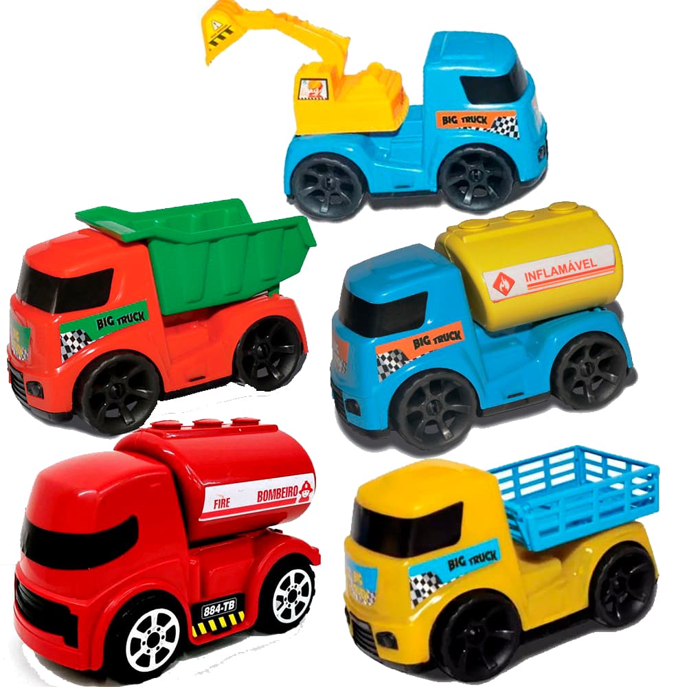 Kit 5 Carrinhos Amar é Brinquedo Menina e Menino, Bombeiro, Tanque, Retro, Carroceria, Caçamba