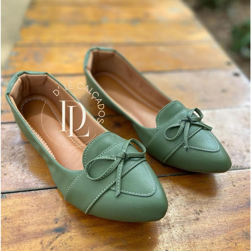 Sapatilha Mocassim Feminina Com Laço Bico Fino Verde Militar Luxo