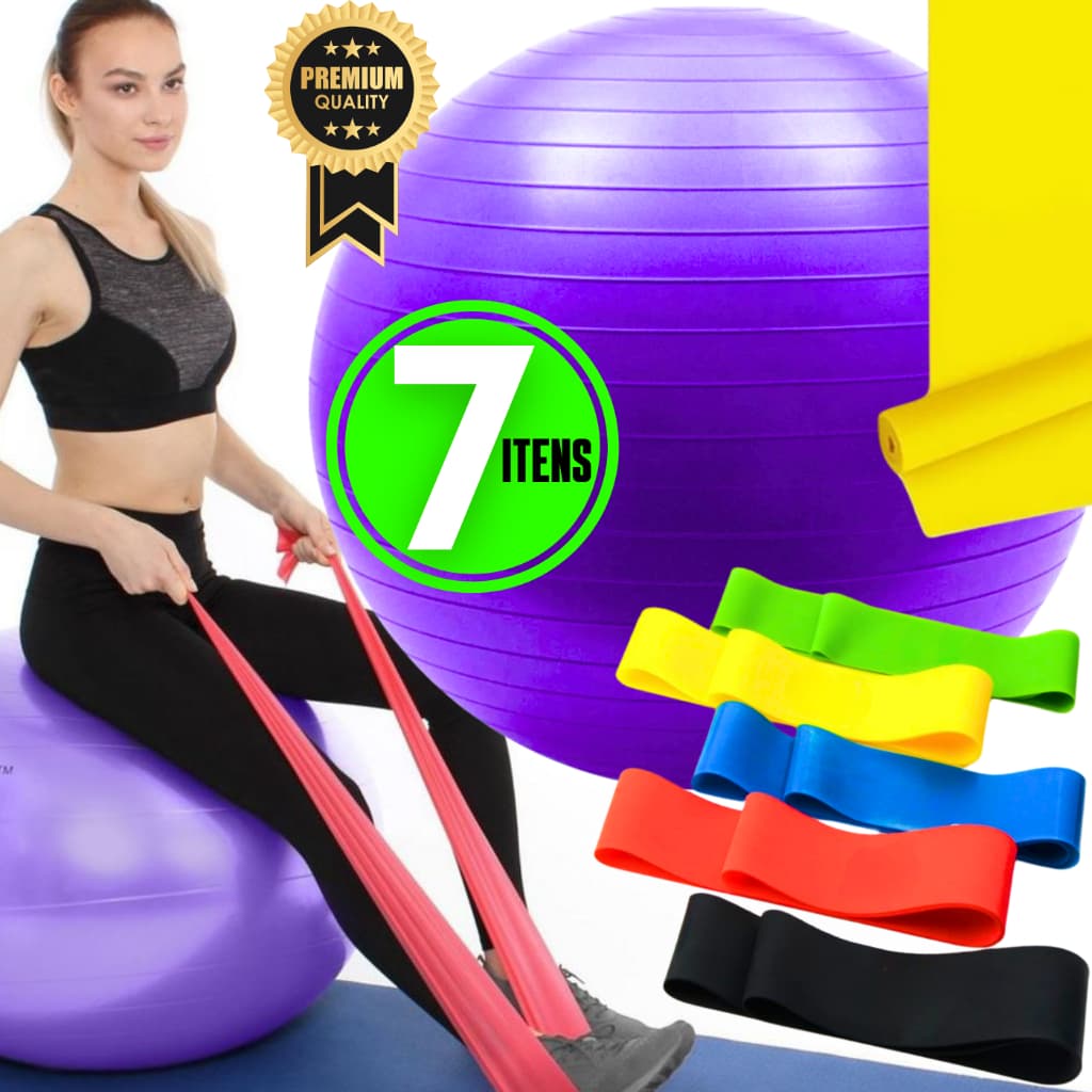 Kit Bola Suiça Pilates Fisio 45cm + Faixa Elastica + 5 Mini Band
