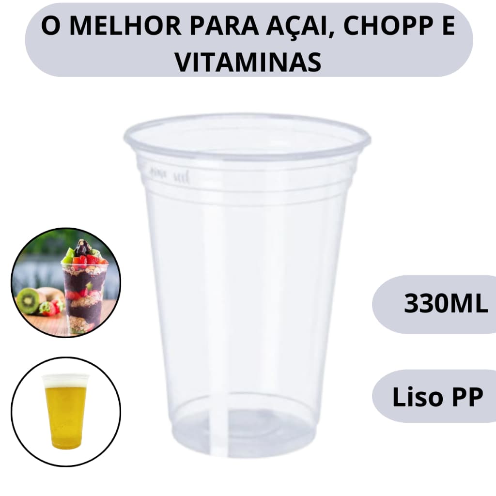 COPO 330ML DESCARTÁVEL LISO CHOPP SUCO AÇAÍ PP POLIPROPILENO COM 100 150 200 250 UNIDADES