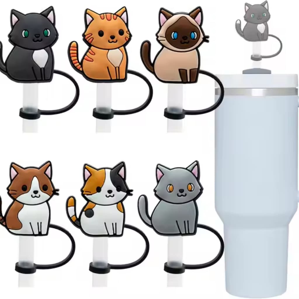 Tampa Protetora Gatinhos 2D Silicone para Canudo de 10mm copo térmico 40 oz/30 oz