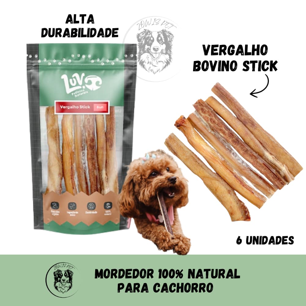 Mordedor Natural Desidratado Pet Petisco Cão Vergalho Stick Bovino 6un para Cachorro - Luv