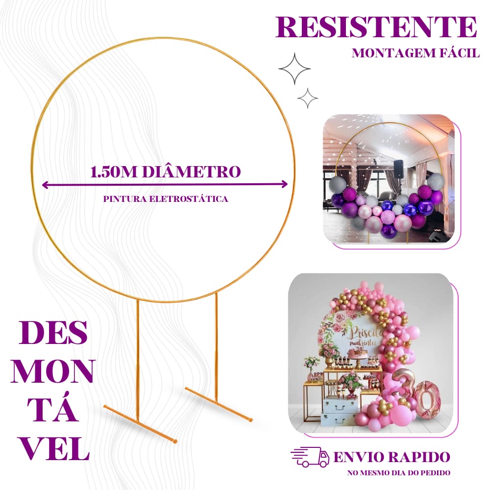 Estrutura Arco Redondo 1,50m Desmontável Ferro Reforçado Regulável para Festas e Decoração  Bexigas