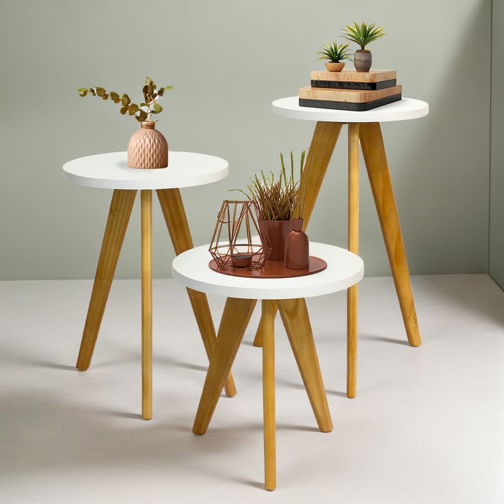 Kit Jogo de Mesinha Lateral Redonda, Sala, Pé Palito Retro, Mesa de Cabeceira, Centro e Canto