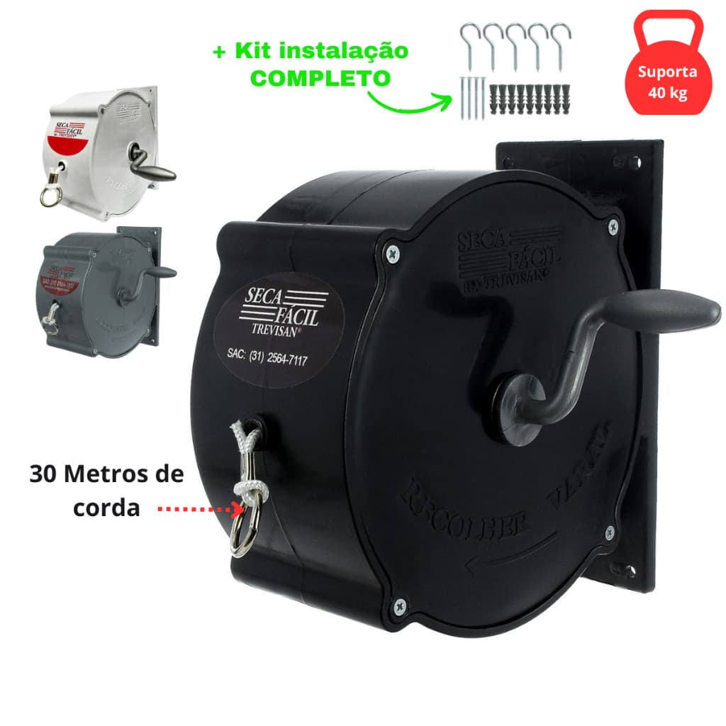 Varal De Roupas Retrátil Recolhivel Para Parede Seca Fácil Com Corda De 30m Manivela Apartamento