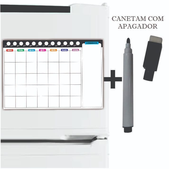 Imã de Geladeira Planner Mensal com Caneta com Apagador na Ponta