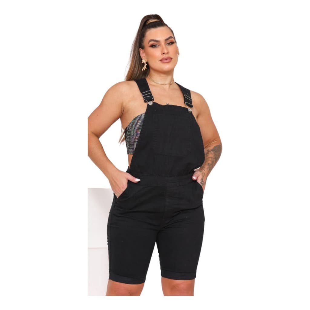 Macacão (Jardineira) Feminino Curto Sarja Preto