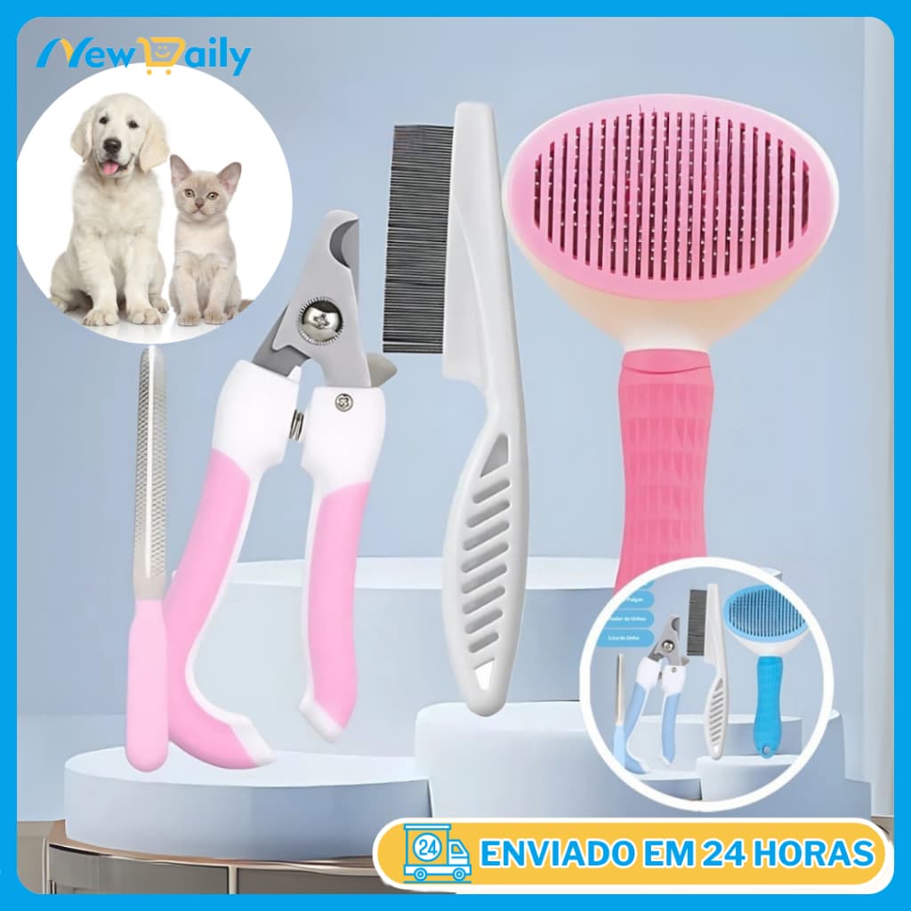 KIT 4 Pçs para Pets: Escova Removedora Tira Pelos de Cães E Gatos +Pente de Pulgas+Cortador de Unhas+Lixa de Unha PET-01