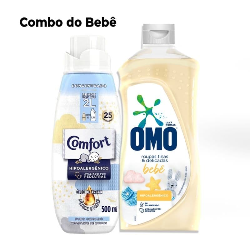 Kit Limpeza do bebê Sabão Líquido OMO Roupas Finas e Delicadas 900ml + Amaciante Puro cuidado 500ml Hipoalergênico