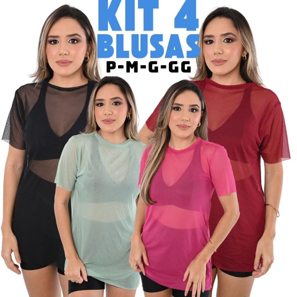 Kit 4 Blusas estilo Esportiva toque suave em Tule com  transparência leveza