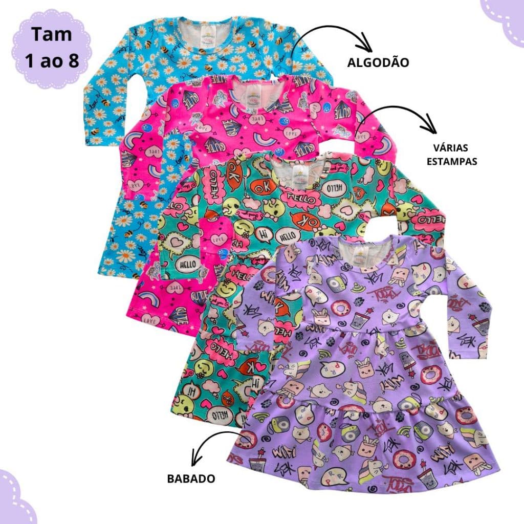Kit 2 Vestido Infantil Inverno Manga Longa Colorido em Algodão Meia Estação 1 ao 8