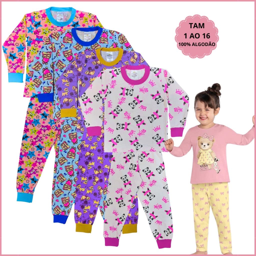 Kit 6 Peças Pijama Inverno Infantil Menina 3 Manga Longa e  3 Calça com Punho em Algodão  1 ao 16