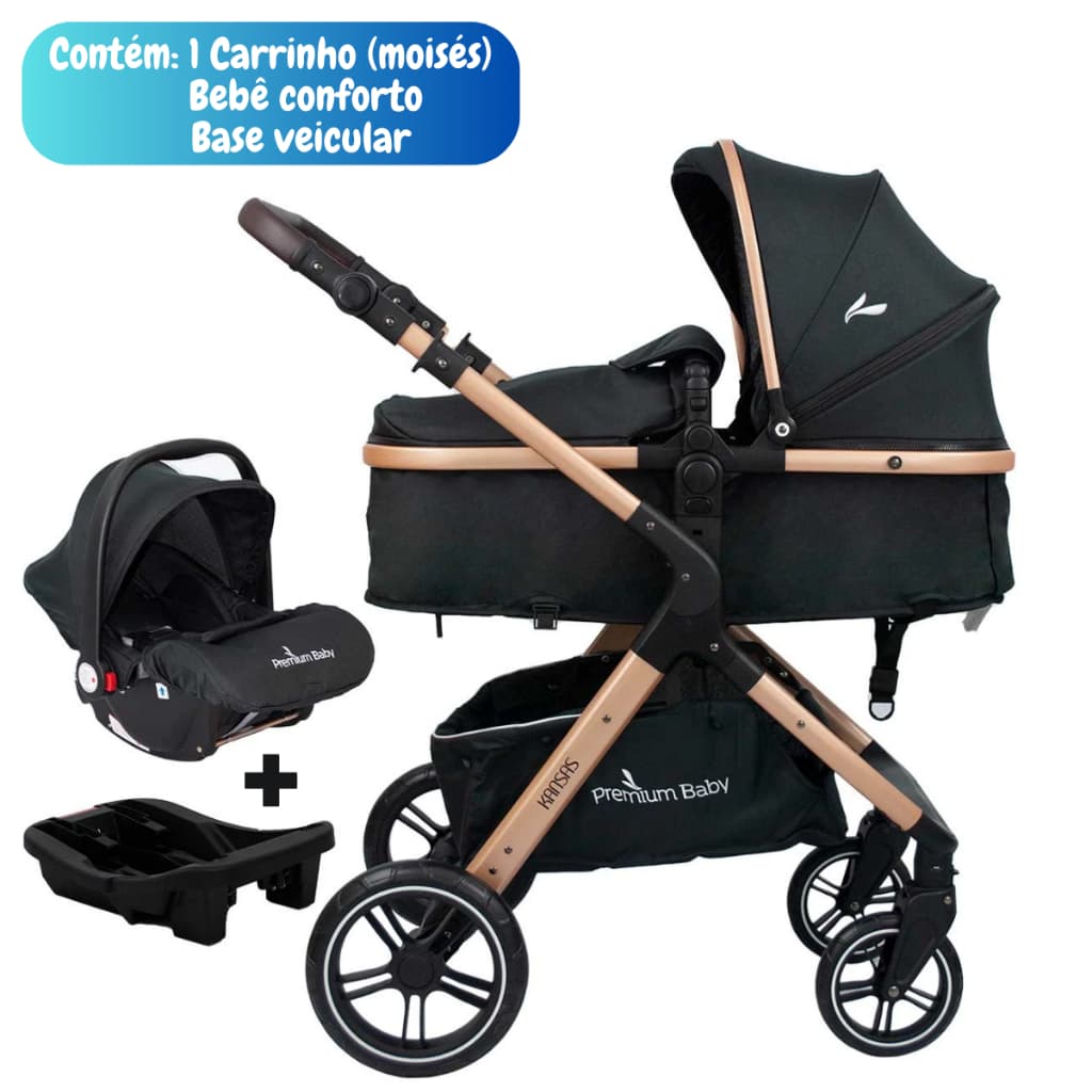 Carrinho De  Bebê Passeio E Bebe Conforto Travel System Moisés Kansas Gold/Preto Cor Do Chassi Gold / Prata Premium Baby
