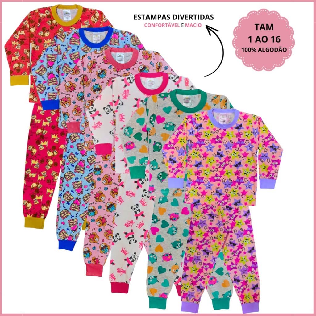 Kit 8 Peças Pijama Infantil Feminino Inverno 4 Camiseta Manga Longa e 4 Calça em Algodão 1 ao 16