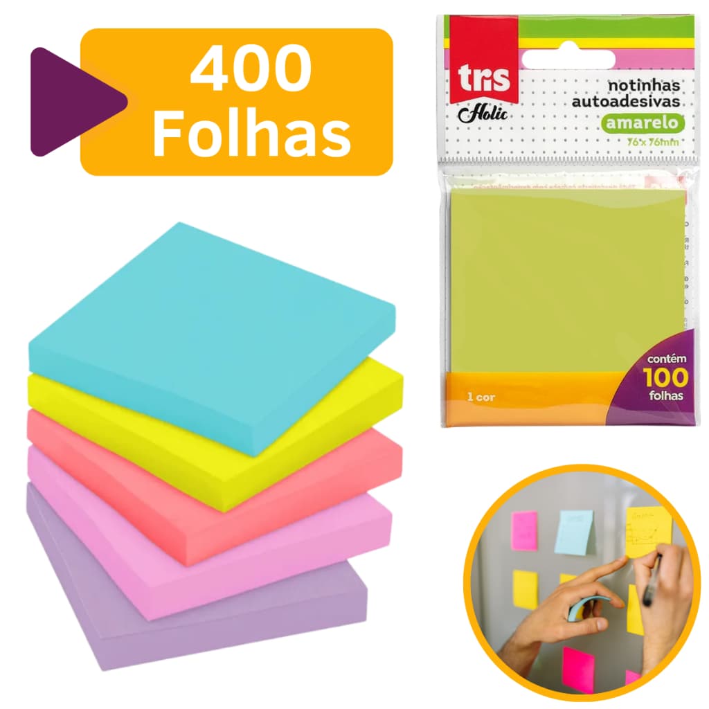 Kit Bloco de Notas 76x76 Colorido 400 Folhas Adesivo Anotações Fofo Barato Pequeno Anotação Mural