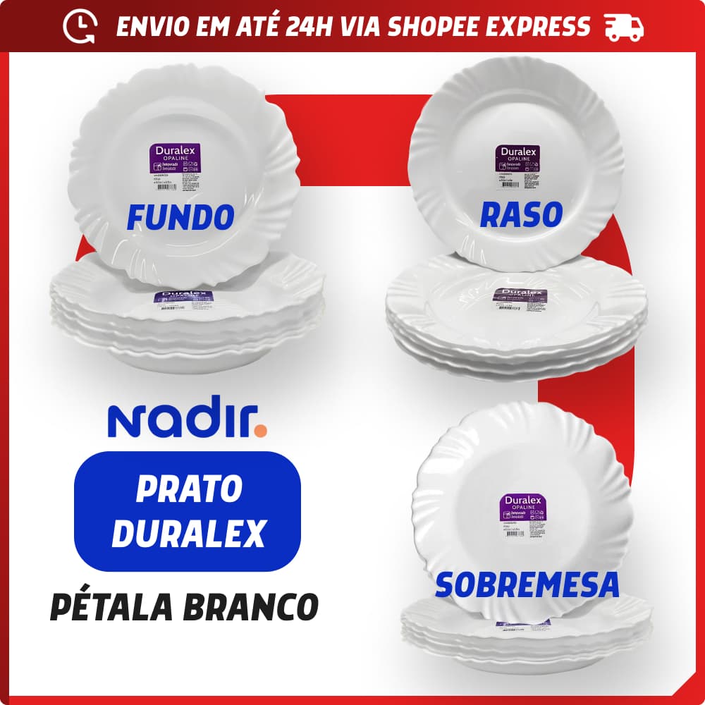 Jogo 6 Pratos Vidro Duralex Linha Pétala Branco Raso 25,5cm Fundo 23cm Sobremesa 19,5cm - Resistente