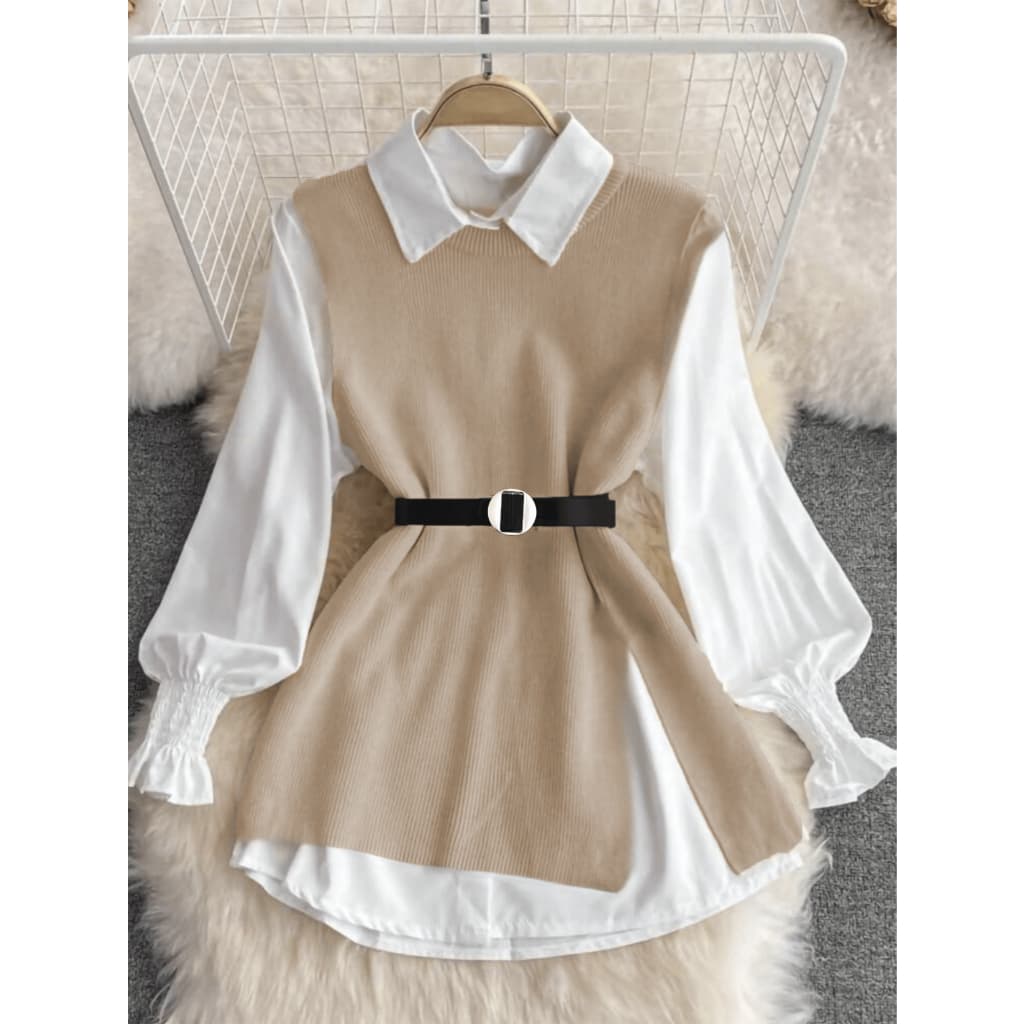 Liuhan Modasfeminina 2 peças/Conjunto Colete Com Manga De Lanterna Branca de Primavera e Colete De Malha De Ajuste Solto