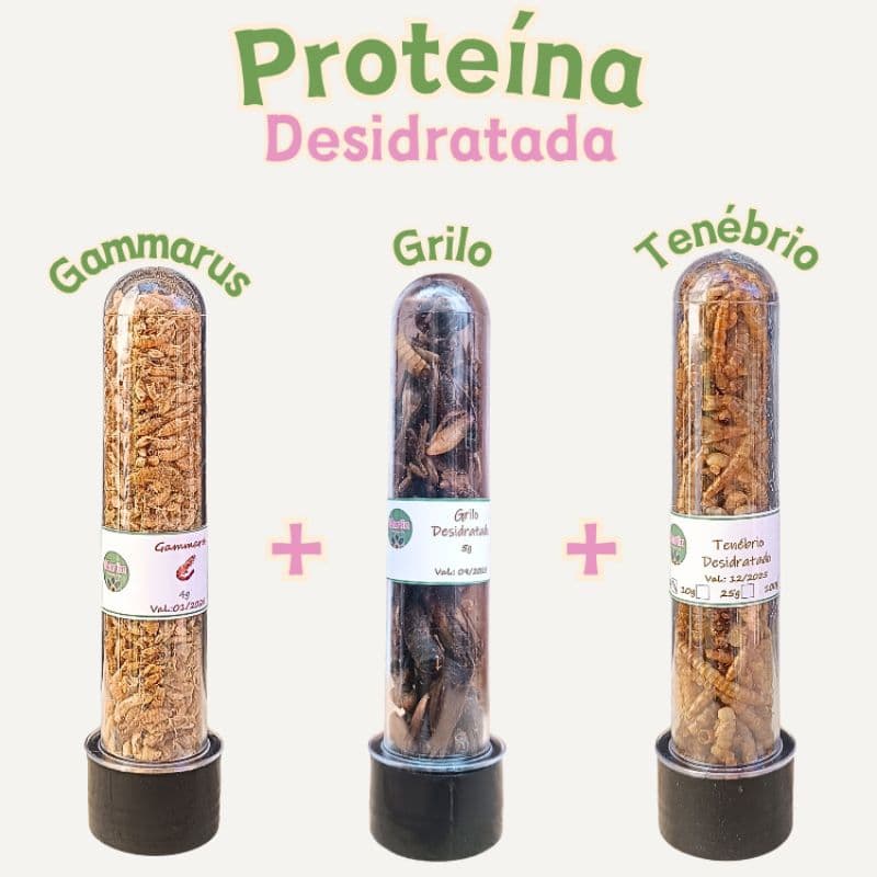 Kit proteínas desidratadas, tenébrio, gammarus e grilo, larva mosca soldado, roedores, hamster, peixes,aves,répteis