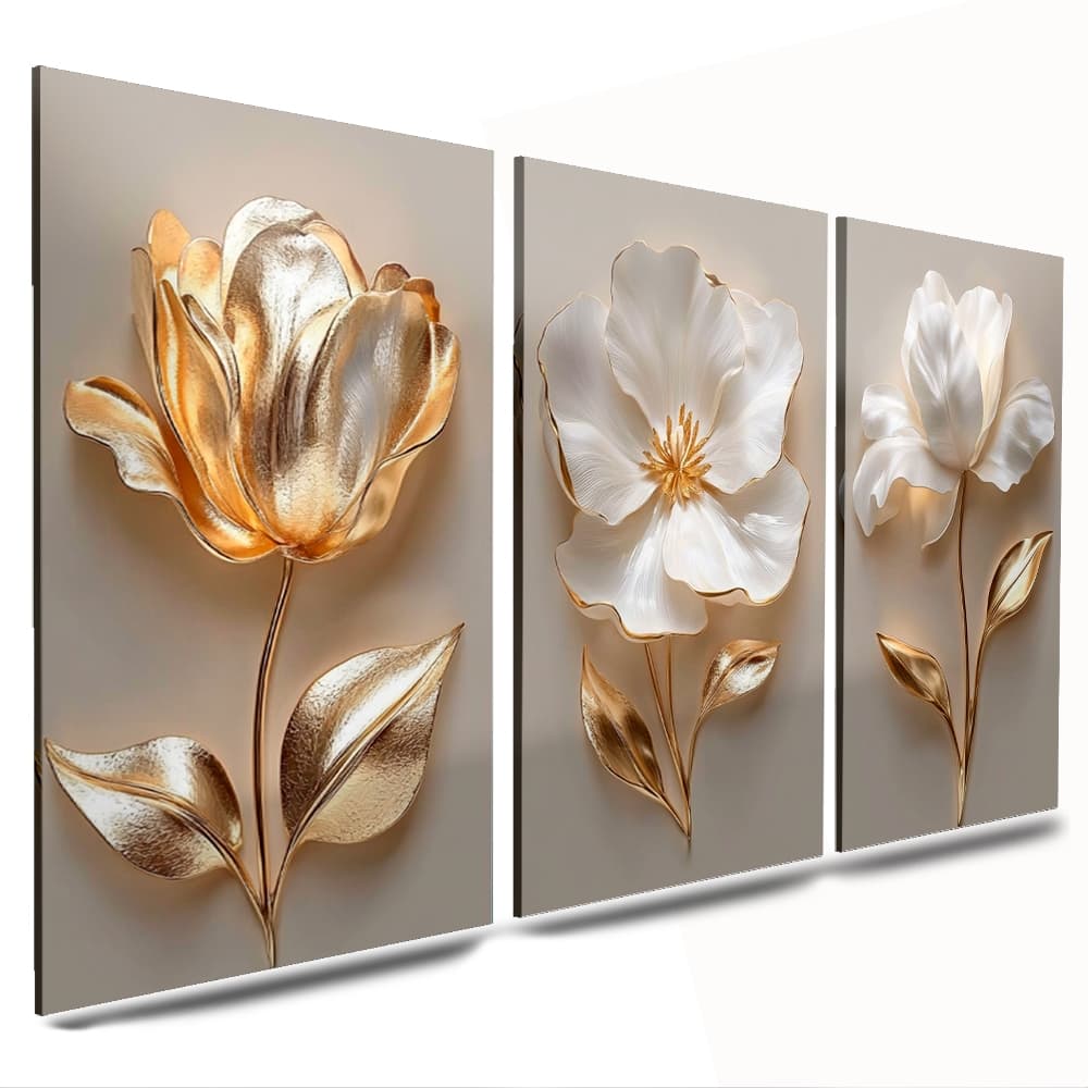 quadro grande para sala cozinha decorativo flor flores top dourado branca