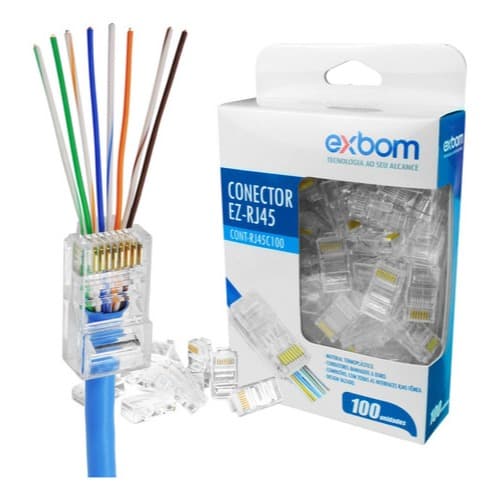 Kit 100 Conector Rj45 De Passagem Ez Crimpagem  Cat5e Ouro Vazado