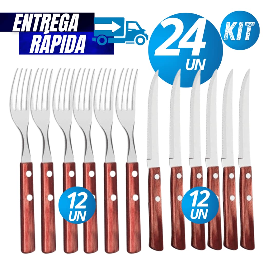 Conjunto Jogo Kit 24/12 Peças Talher Garfos Facas de Inox com Cabo de Madeira Faqueiro Linha Premium Qualidade