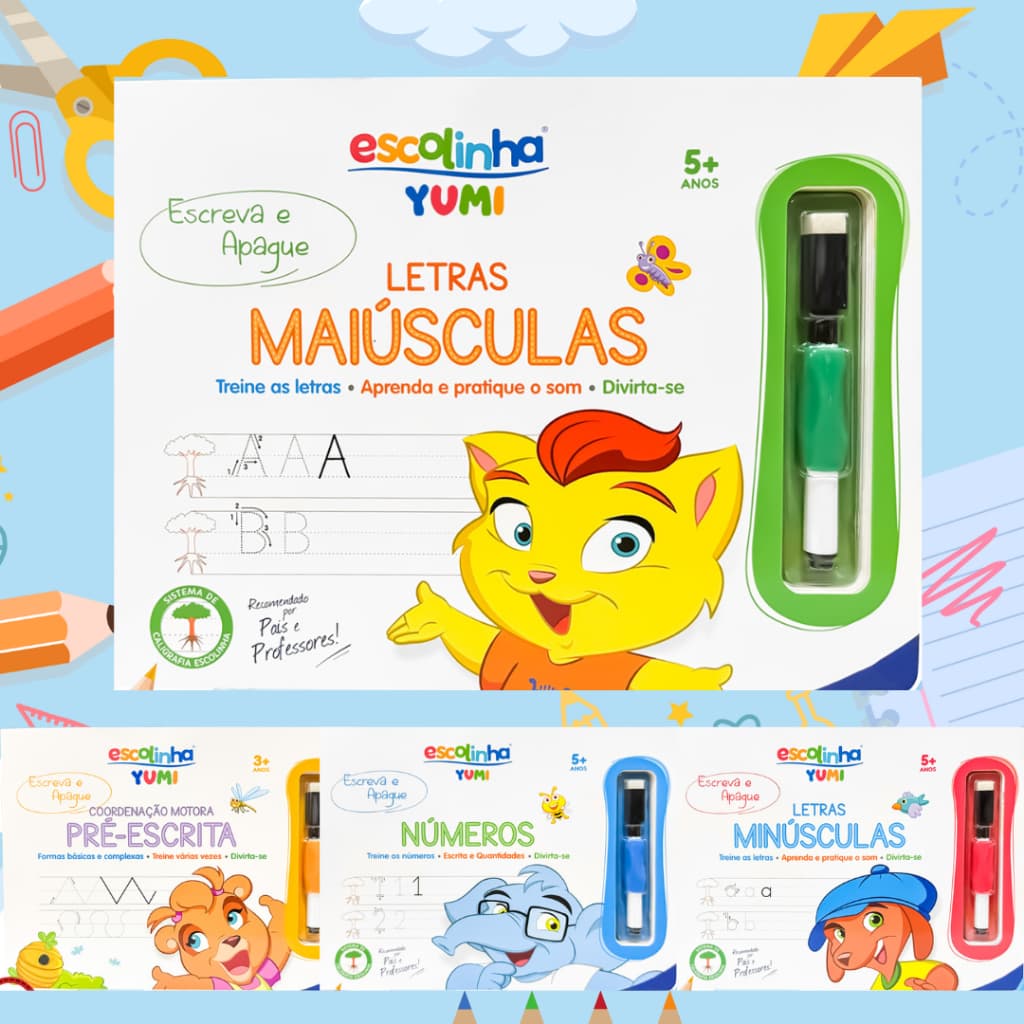 Coleção Alfabetização Escolinha - Livro Caderno De Caligrafia Infantil Caneta Ergonómica Apagável - Edição Premium