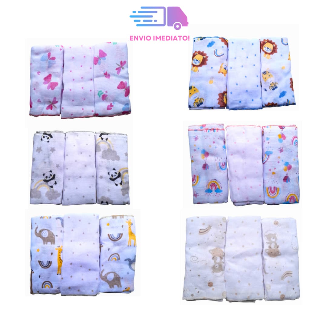 Fralda de Pano Estampada COM BAINHA 3 Unidades 68cmx70cm 100% algodão Bublim