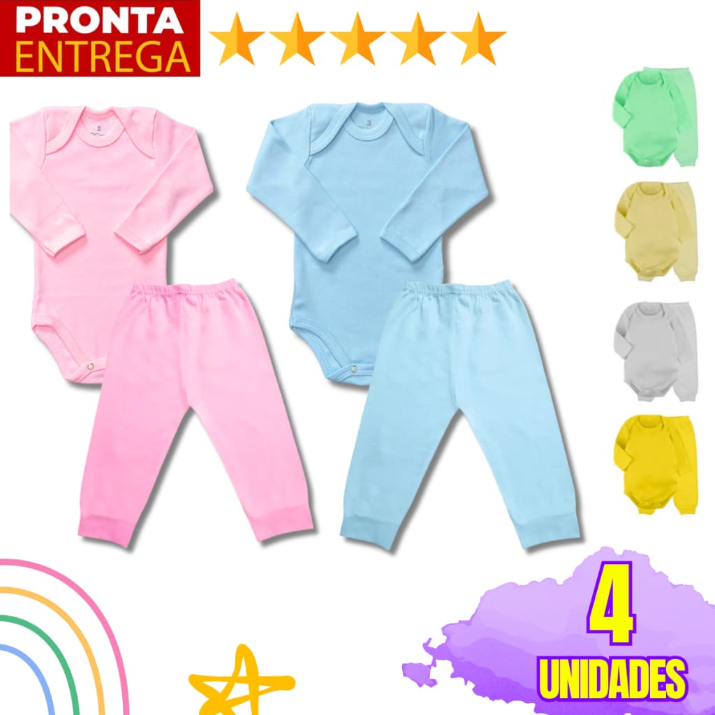 Kit 4 Peças Mijão Calça E Body Manga Longa Infantil Bebê Menino Menina