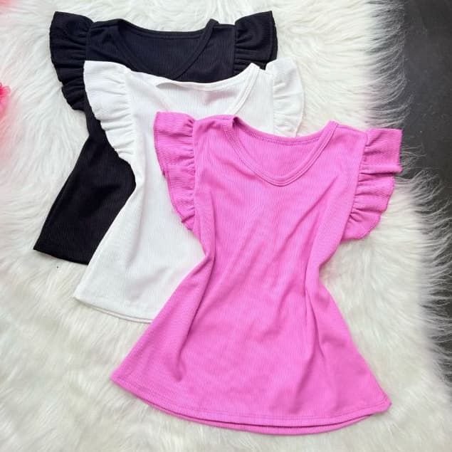 blusa infantil menina manga babado  infantil juvenil Ribana canelado MODA VERAO