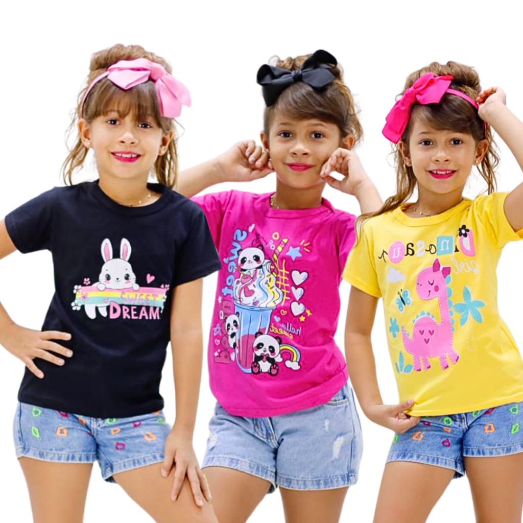 Kit 3 blusas camisetas infantil Algodão menina de 6 meses a 10 anos