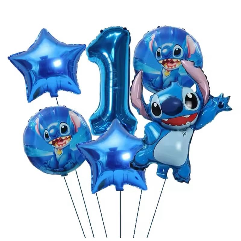 Kit 6 Balões Metalizados Stitch Azul + Balão Redondo + Estrela + Número