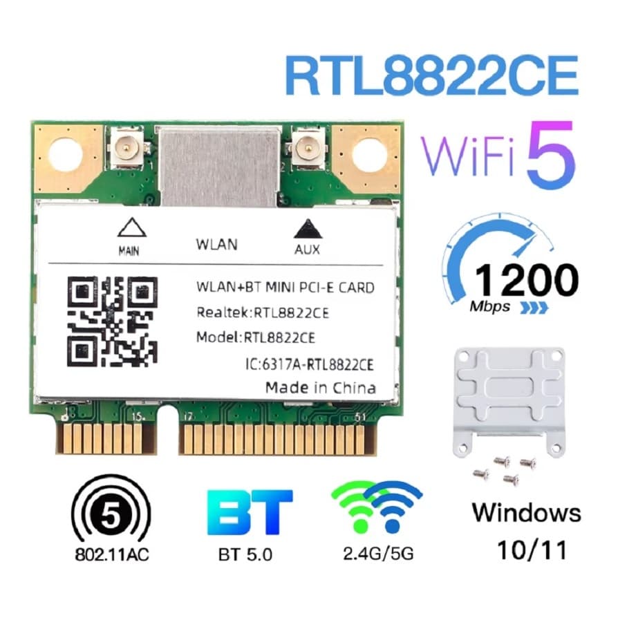 Placa de Rede WiFi Realtek RTL8822 Dual Band (2.4/5 Ghz) com Bluetooth para Notebooks
