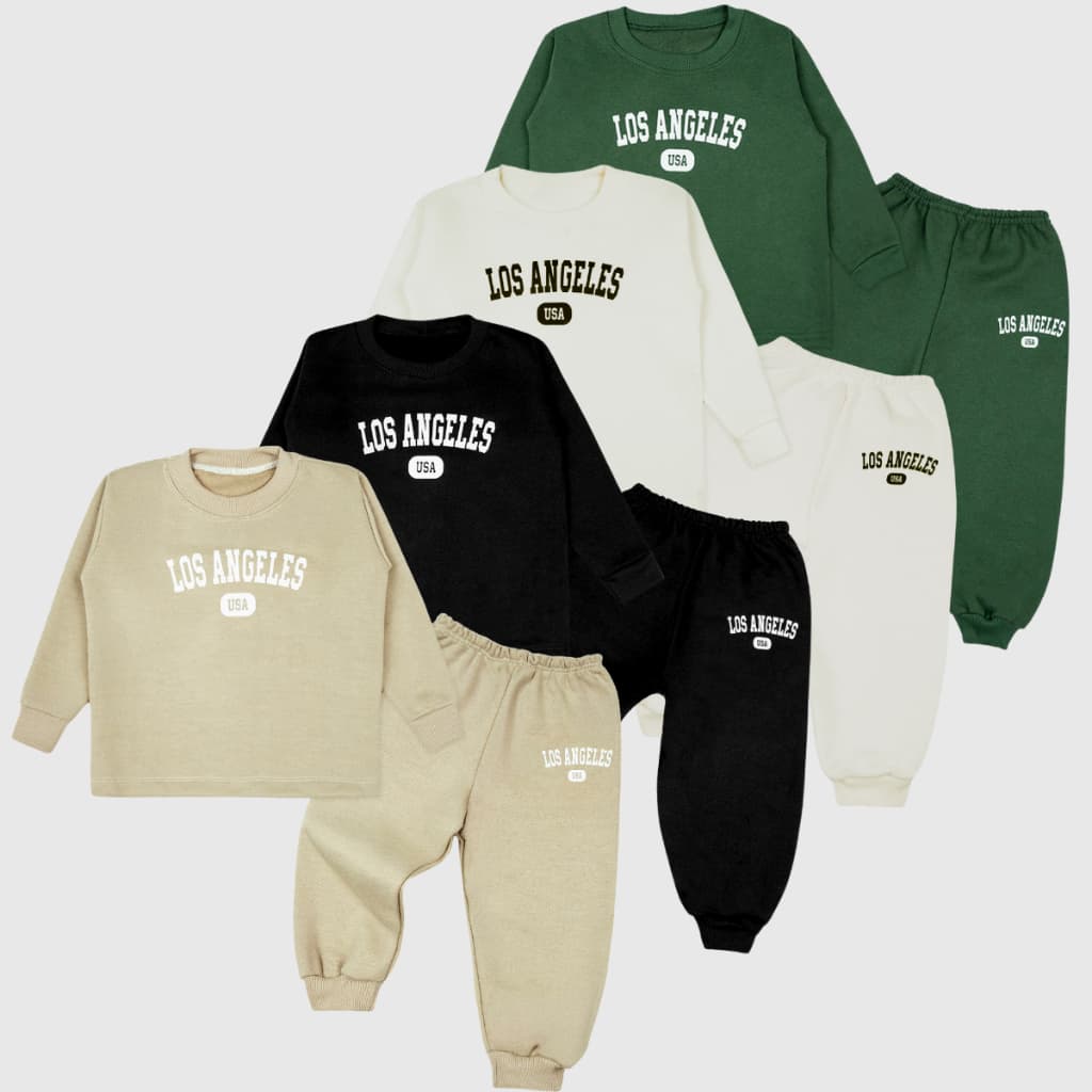 Kit 4 Peças Conjunto Infantil Estampa Los Angeles Moletom Flanelado 1/8 Menino e Menina Casaco/Calça