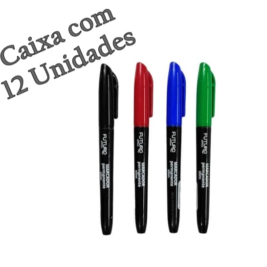 Caixa com 12 Caneta Marcador Permanente Slim Pincel Atômico Azul Verde Preto Vermelho Futuro Office
