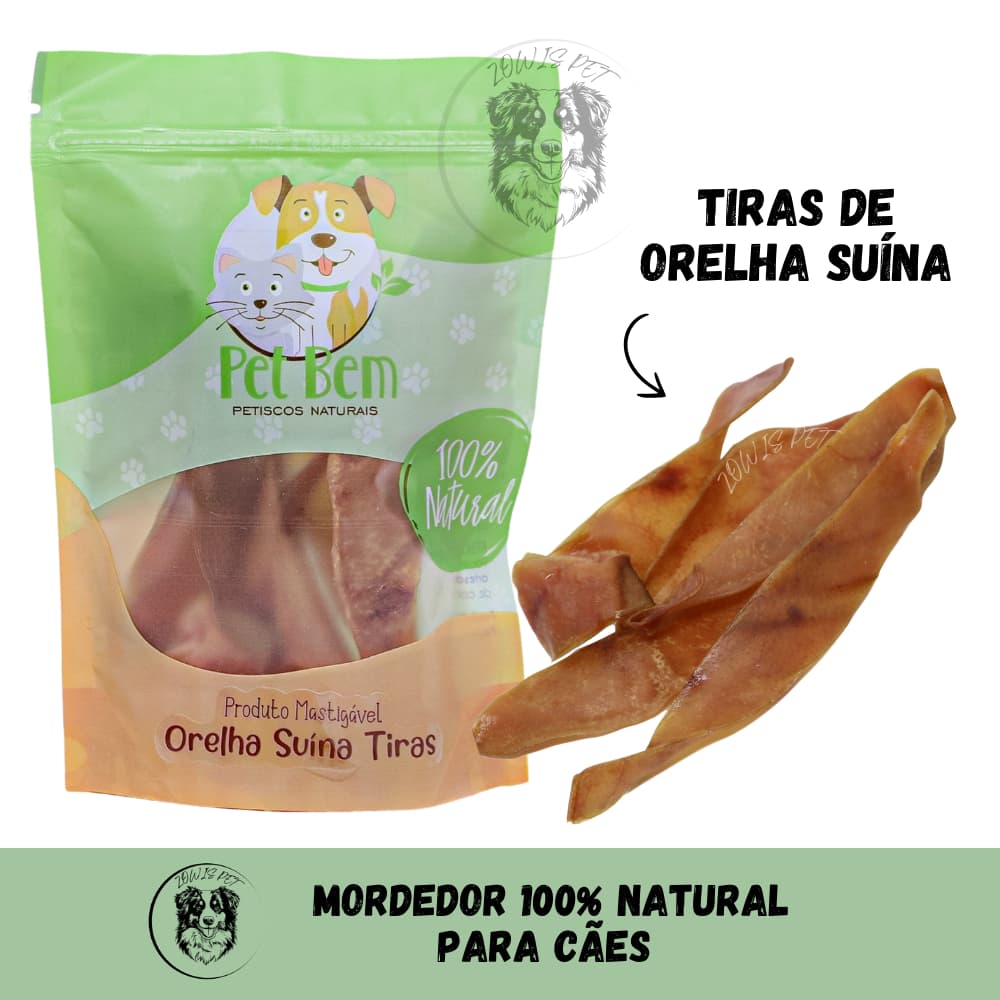 Orelha Suína em Tiras Mordedor Natural Desidratado para Cães Petisco 60gr - Pet Bem